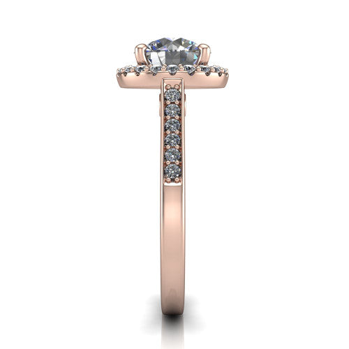 Brooke round halo engagement ring in 14K Rose Gold, side profile showing the pavé band and the gallery accent in profile