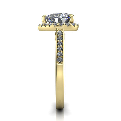 Brooke heart halo engagement ring in 18K Yellow Gold, side profile showing the pavé band and the gallery accent in profile