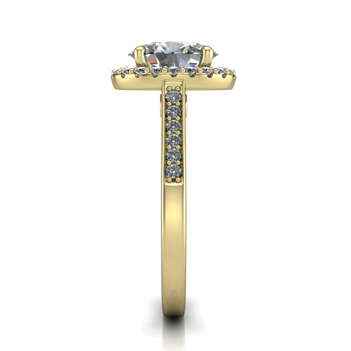 Brooke oval halo engagement ring in 18K Yellow Gold, side profile showing the pavé band and the gallery accent in profile
