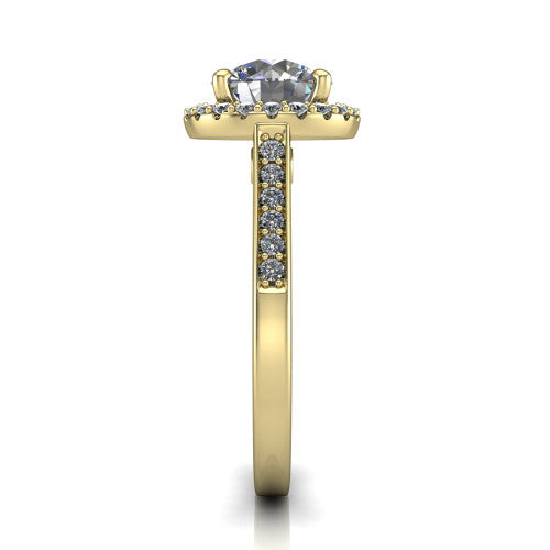 Brooke round halo engagement ring in 18K Yellow Gold, side profile showing the pavé band and the gallery accent in profile