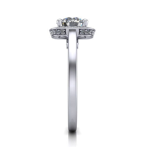 Hayden round halo engagement ring in Platinum, side profile showing the plain polished band and gallery accent in profile