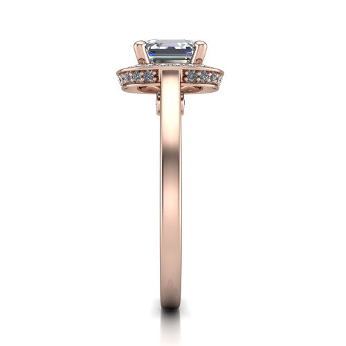 Hayden square emerald halo engagement ring in 18K Rose Gold, side profile showing the plain polished band and gallery accent in profile