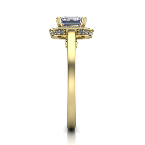 Hayden square emerald halo engagement ring in 18K Yellow Gold, side profile showing the plain polished band and gallery accent in profile