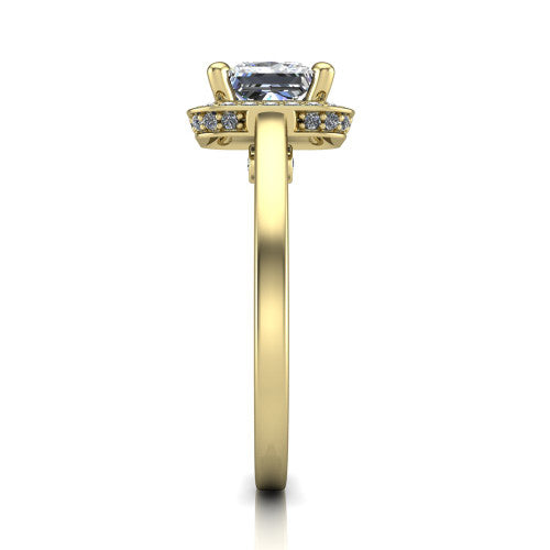 Hayden princess halo engagement ring in 18K Yellow Gold, side profile showing the plain polished band and gallery accent in profile