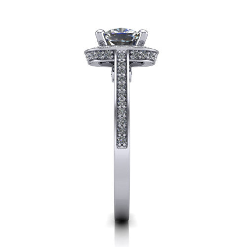 Giselle cushion halo engagement ring in 18K White Gold, side profile showing the milgrain pavé band and gallery accent in profile