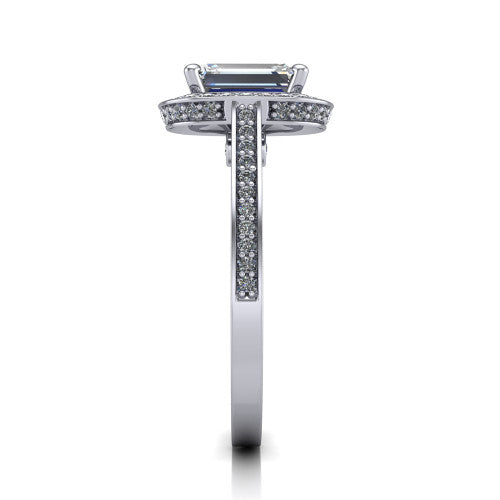 Giselle emerald halo engagement ring in Platinum, side profile showing the milgrain pavé band and gallery accent in profile
