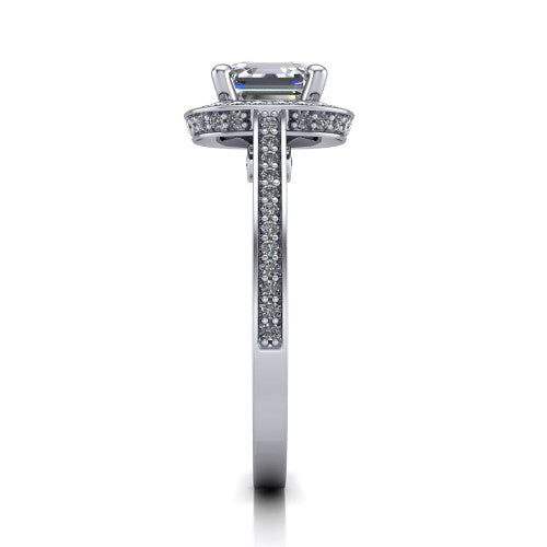 Giselle square emerald halo engagement ring in 14K White Gold, side profile showing the milgrain pavé band and gallery accent in profile