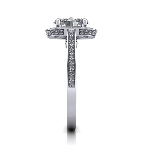 Giselle oval halo engagement ring in 18K White Gold, side profile showing the milgrain pavé band and gallery accent in profile