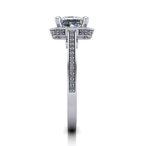 Giselle princess halo engagement ring in 14K White Gold, side profile showing the milgrain pavé band and gallery accent in profile
