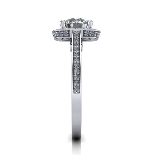 Giselle round halo engagement ring in Platinum, side profile showing the milgrain pavé band and gallery accent in profile