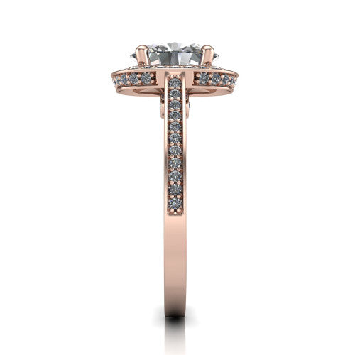 Giselle oval halo engagement ring in 14K Rose Gold, side profile showing the milgrain pavé band and gallery accent in profile