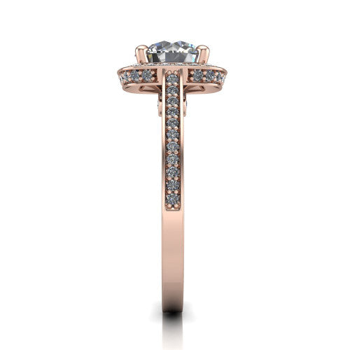 Giselle round halo engagement ring in 14K Rose Gold, side profile showing the milgrain pavé band and gallery accent in profile