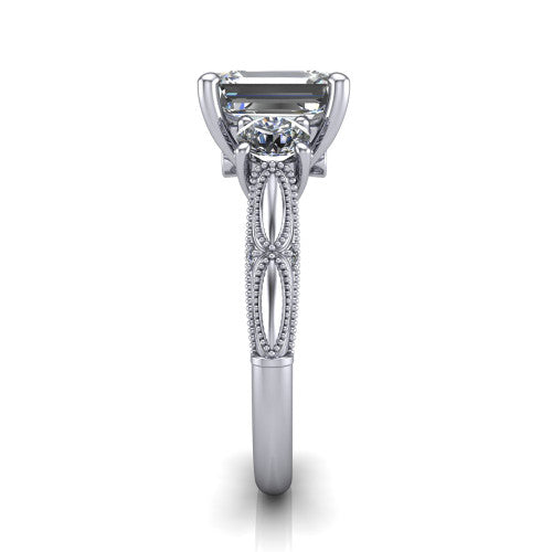 Alessia Emerald Shape Three Stone Engagement Ring in 14K White Gold