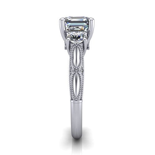 Alessia Square Emerald Shape Three Stone Engagement Ring in 14K White Gold