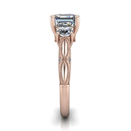 Alessia Square Emerald Shape Three Stone Engagement Ring in 18K Rose Gold