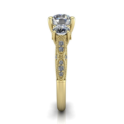 Rosemary round three stone engagement ring in 18K Yellow Gold, side profile showing the milgrain pavé band and vintage shoulders in profile