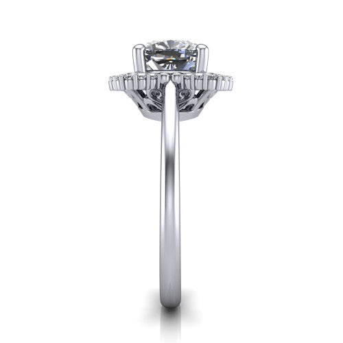 Heidi cushion vintage halo engagement ring in 18K White Gold, side profile showing the plain polished band and the vintage clover halo profile