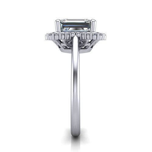 Heidi emerald vintage halo engagement ring in Platinum, side profile showing the plain polished band and the vintage clover halo profile