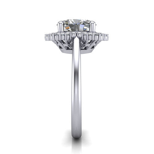 Heidi oval vintage halo engagement ring in Platinum, side profile showing the plain polished band and the vintage clover halo profile