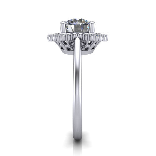 Heidi round vintage halo engagement ring in Platinum, side profile showing the plain polished band and the vintage clover halo profile