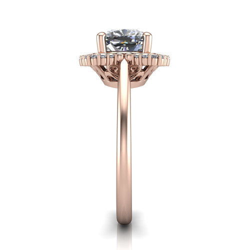 Heidi cushion vintage halo engagement ring in 18K Rose Gold, side profile showing the plain polished band and the vintage clover halo profile