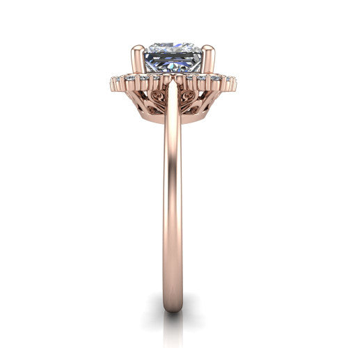Heidi princess vintage halo engagement ring in 18K Rose Gold, side profile showing the plain polished band and the vintage clover halo profile