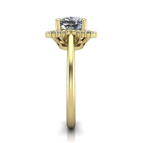 Heidi cushion vintage halo engagement ring in 18K Yellow Gold, side profile showing the plain polished band and the vintage clover halo profile