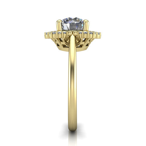 Heidi round vintage halo engagement ring in 14K Yellow Gold, side profile showing the plain polished band and the vintage clover halo profile