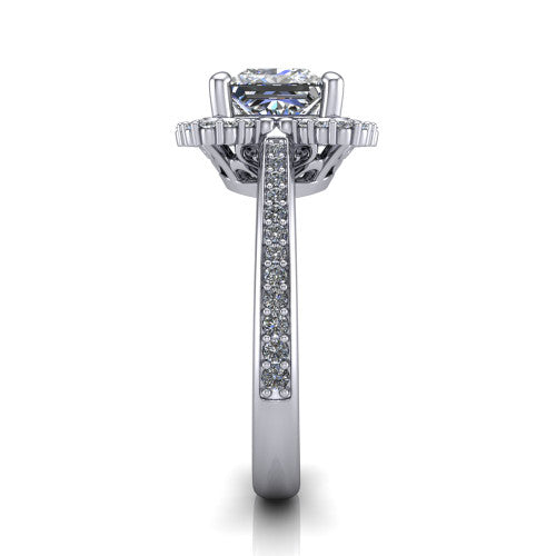 Madeleine princess vintage halo engagement ring in 18K White Gold, side profile showing the pavé band and the vintage halo profile