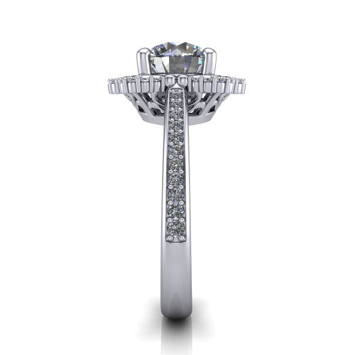 Madeleine round vintage halo engagement ring in 18K White Gold, side profile showing the pavé band and the vintage halo profile