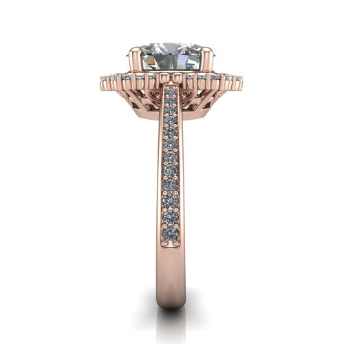 Madeleine oval vintage halo engagement ring in 14K Rose Gold, side profile showing the pavé band and the vintage halo profile