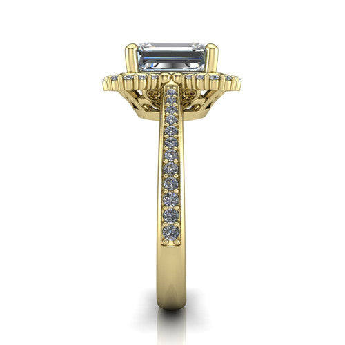 Madeleine emerald vintage halo engagement ring in 18K Yellow Gold, side profile showing the pavé band and the vintage halo profile
