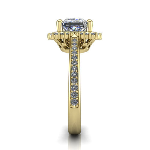 Madeleine princess vintage halo engagement ring in 14K Yellow Gold, side profile showing the pavé band and the vintage halo profile