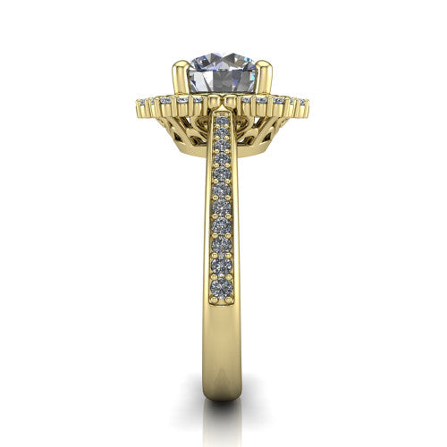 Madeleine round vintage halo engagement ring in 14K Yellow Gold, side profile showing the pavé band and the vintage halo profile