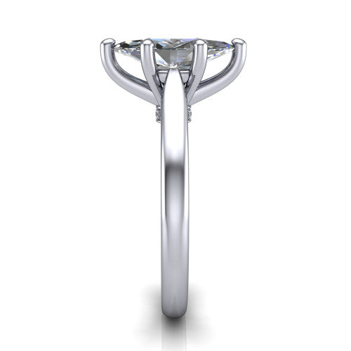 Lune marquise classic solitaire engagement ring in 14K White Gold, side profile showing the plain polished band and the filigree gallery in profile