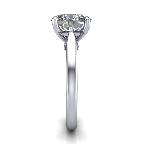 Lune oval classic solitaire engagement ring in Platinum, side profile showing the plain polished band and the filigree gallery in profile
