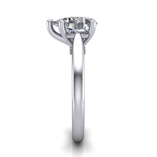 Lune pear classic solitaire engagement ring in Platinum, side profile showing the plain polished band and the filigree gallery in profile