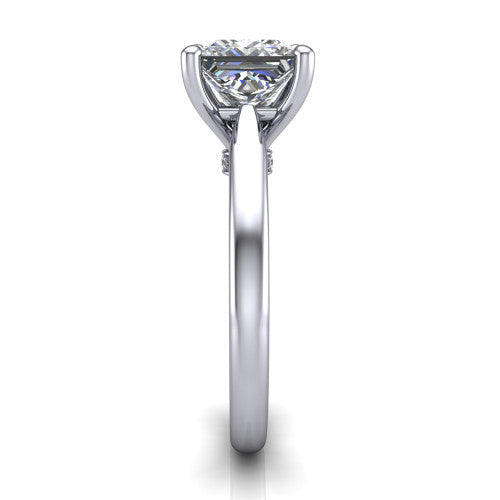 Lune princess classic solitaire engagement ring in 18K White Gold, side profile showing the plain polished band and the filigree gallery in profile