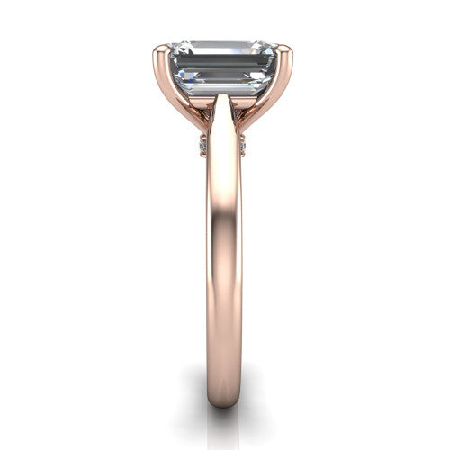 Lune emerald classic solitaire engagement ring in 14K Rose Gold, side profile showing the plain polished band and the filigree gallery in profile