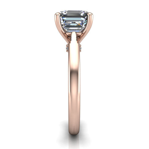 Lune square emerald classic solitaire engagement ring in 14K Rose Gold, side profile showing the plain polished band and the filigree gallery in profile
