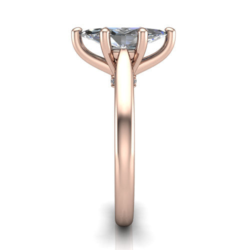 Lune marquise classic solitaire engagement ring in 18K Rose Gold, side profile showing the plain polished band and the filigree gallery in profile