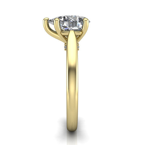 Lune pear classic solitaire engagement ring in 14K Yellow Gold, through-finger front profile showing the filigree scroll gallery beneath the center