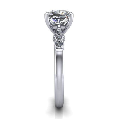 Jinnie cushion classic engagement ring in Platinum, side profile showing the pavé shoulders and filigree gallery in profile