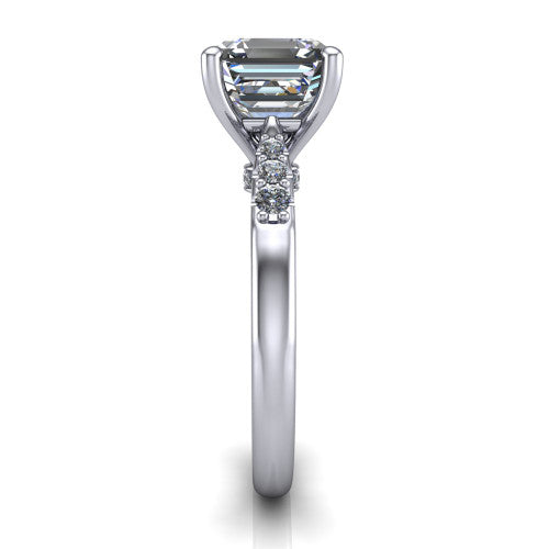 Jinnie square emerald classic engagement ring in Platinum, side profile showing the pavé shoulders and filigree gallery in profile
