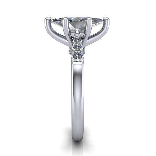 Jinnie marquise classic engagement ring in 18K White Gold, side profile showing the pavé shoulders and filigree gallery in profile