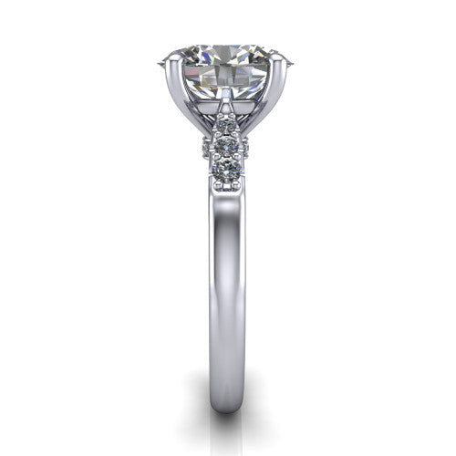 Jinnie oval classic engagement ring in 14K White Gold, side profile showing the pavé shoulders and filigree gallery in profile