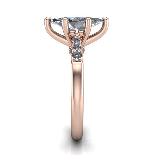 Jinnie marquise classic engagement ring in 18K Rose Gold, side profile showing the pavé shoulders and filigree gallery in profile