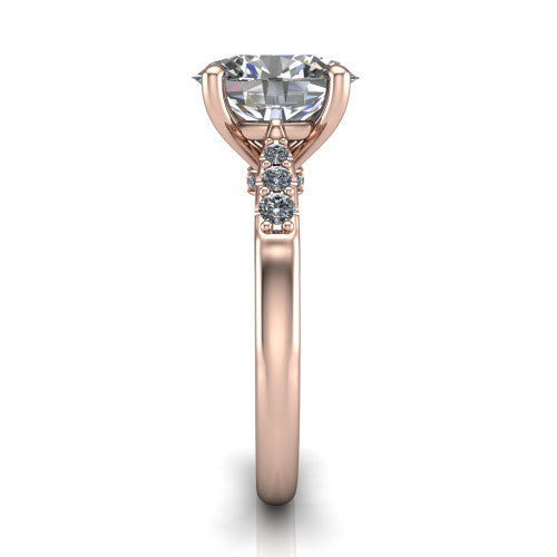 Jinnie oval classic engagement ring in 18K Rose Gold, side profile showing the pavé shoulders and filigree gallery in profile
