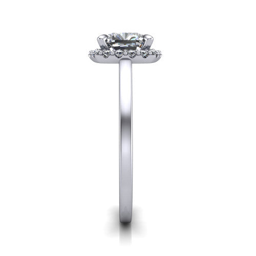 Esmeralda cushion halo engagement ring in 18K White Gold, side profile showing the plain polished band and the filigree gallery in profile