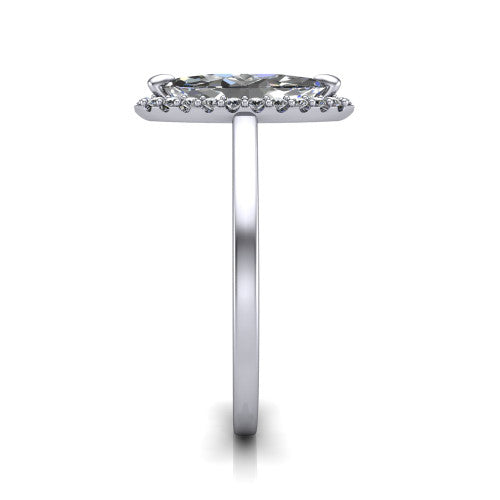 Esmeralda marquise halo engagement ring in Platinum, side profile showing the plain polished band and the filigree gallery in profile